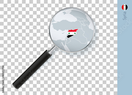 Syria map with flag in magnifying glass on transparent background.