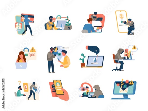 Cyber hackers people. Privacy violation. Network criminality. Data theft. Password hacking. Cybercrime and viruses. Banking fraud. Thief steals information. Vector software crackers set