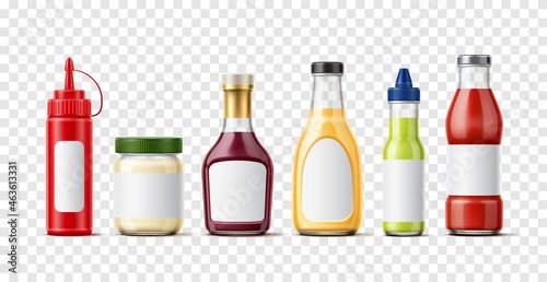 Realistic sauces bottles. Isolated 3D liquid condiments containers. Packaging for chili ketchup and wasabi. Mayo and mustard jars with blank sticker labels. Vector food package set