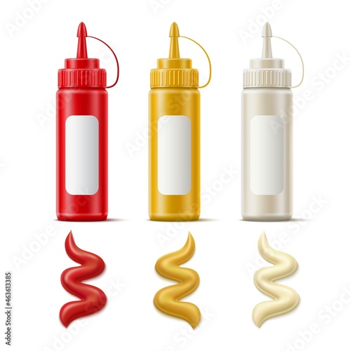 Plastic sauce bottles. Realistic mayonnaise and mustard containers dispensers. Ketchup isolated packaging with labels. Liquid condiments squeezed trickles. Vector snack dressings set