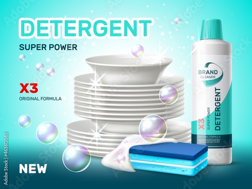 Dish detergent poster. Realistic clean washed shining plates stack with foam and cleaner agent plastic bottle. Foamed sponge or bubbles. Utensil cleanser advertising banner. Vector concept