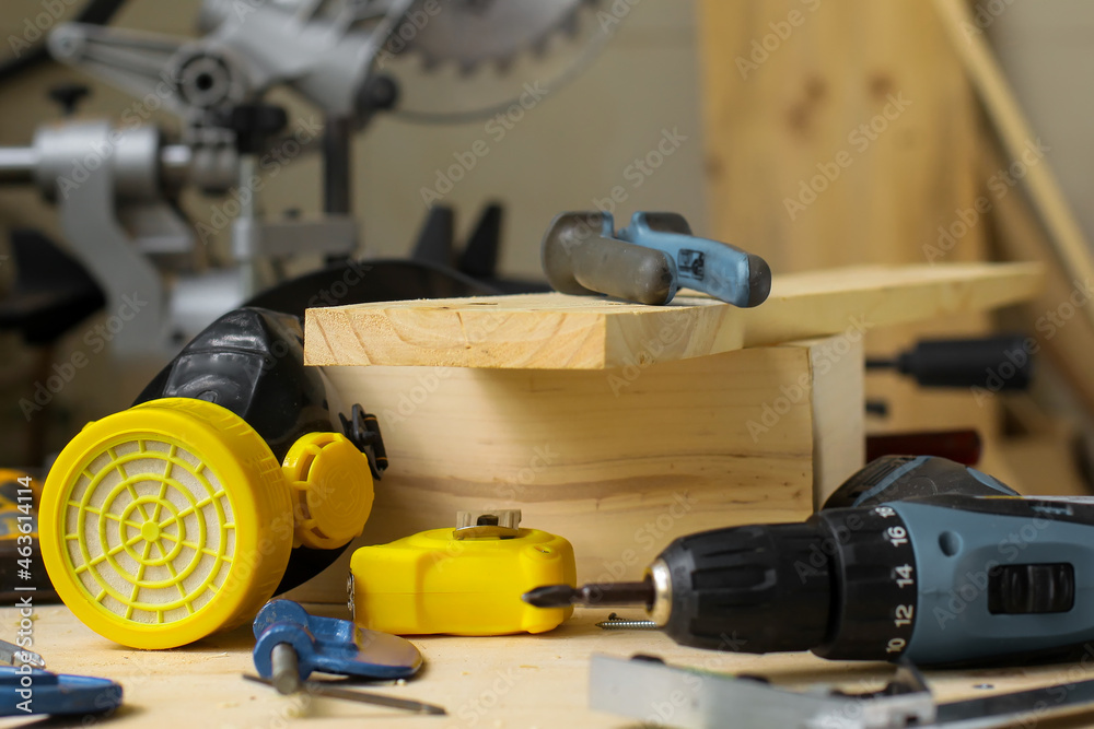 Various carpenter tools on workshop table Various carpenter tools on workshop table