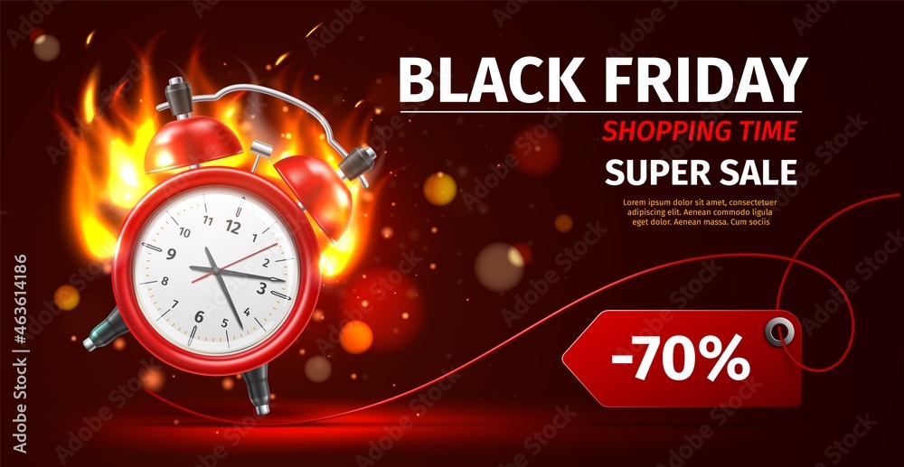Shopping time clock. Last minute offer poster. Realistic burning alarm watch. Black Friday advertising. Sales and discounts promotion flyer. Red timer with fire flames. Vector banner - obrazy, fototapety, plakaty 
