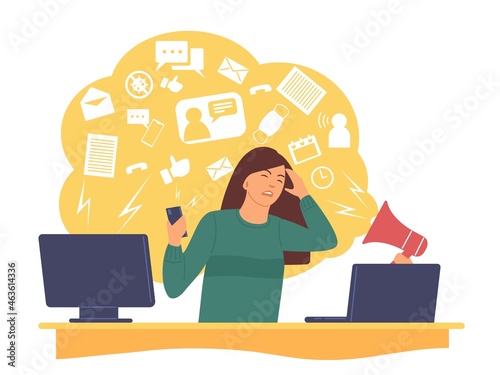Information attack and people panic. Negative media spam and info trash flow. Depressive woman with monitors. Frustrated and stress. Internet news propaganda pressure. Vector concept photo