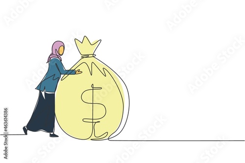 Single continuous line drawing Arabian businesswoman hugging big money bag. Financial success. Woman standing, hugging huge cash bag. Business creative idea. One line draw design vector illustration