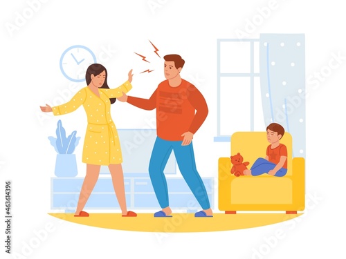 Parents arguing. Mom and dad quarrel. Unfortunate depressed child sitting in chair. Couple fighting. Family problem. Crying boy and conflicting adults. Relationship crisis. Vector concept