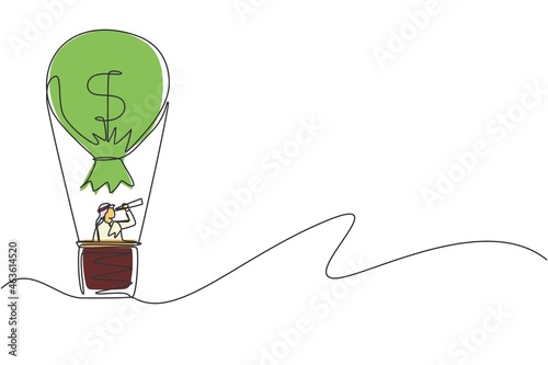 Single continuous line drawing Arab businessman in hot air balloon looking with telescope. Business and leadership concept. Financial success to achieve goal. One line draw design vector illustration