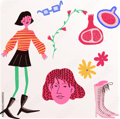 Vector Cocky clip art with  girls with some of their stuff like flowers, glasses, garnet, figs and shoes
