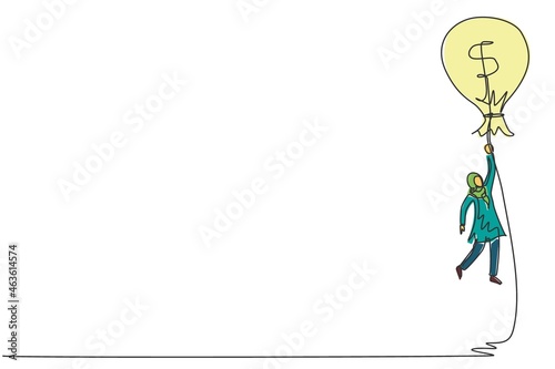 Single one line drawing Arabian businesswoman flying with money bag dollar balloon. Successful financial concept. Female earning money and have success. Continuous line draw design vector illustration