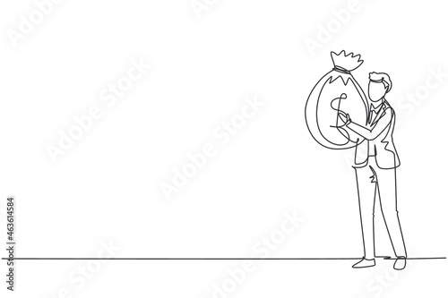 Single continuous line drawing businessman holding large bag full of money. Smiling man walking and carrying big heavy sack full of cash money. Dynamic one line draw graphic design vector illustration