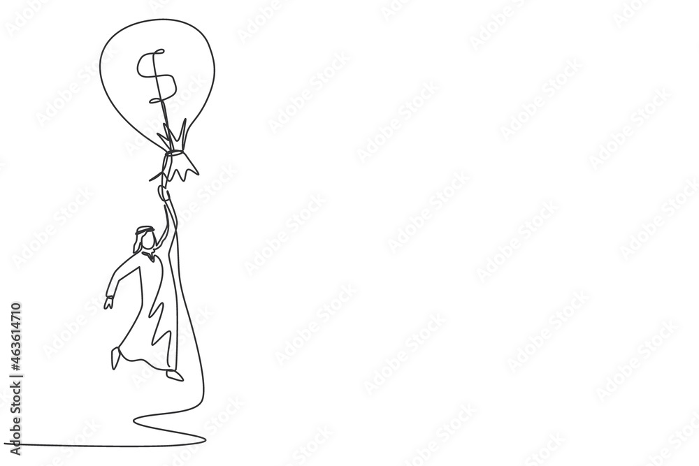 Obraz premium Single continuous line drawing Arab businessman flying with money bag dollar balloon. Successful financial concept. Man earning money and have success. One line draw graphic design vector illustration