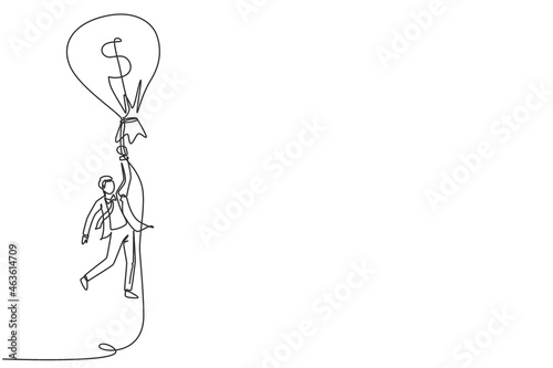 Single continuous line drawing businessman flying with money bag dollar balloon. Successful financial concept. Man earning money and have success. One line draw graphic design vector illustration