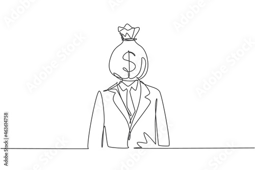 Single continuous line drawing businessman with money bag instead of head, symbolizing avarice, broker, money, success. Money bag with dollar sign. One line draw graphic design vector illustration