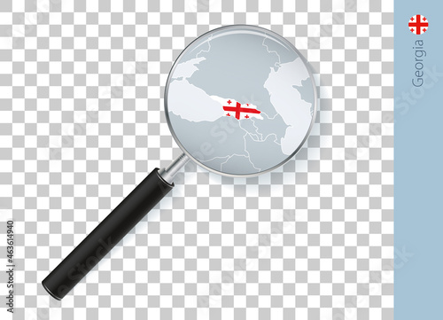 Georgia map with flag in magnifying glass on transparent background.