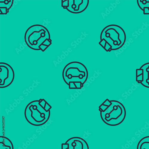 Blue line Electric car and electrical cable plug charging icon isolated seamless pattern on green background. Renewable eco technologies. Vector