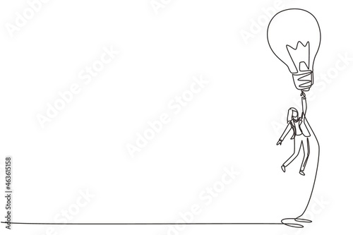 Continuous one line drawing businesswoman flying holding idea bulbs in sky. Office worker in suit. Big idea to solve business problem. Achievement concept. Single line draw design vector illustration