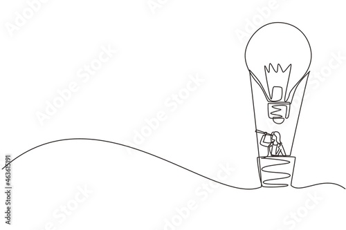 Continuous one line drawing businesswoman watching through telescope in hot air balloon-light bulb. Woman in lightbulb balloon search to business idea planning ahead. Single line draw design vector