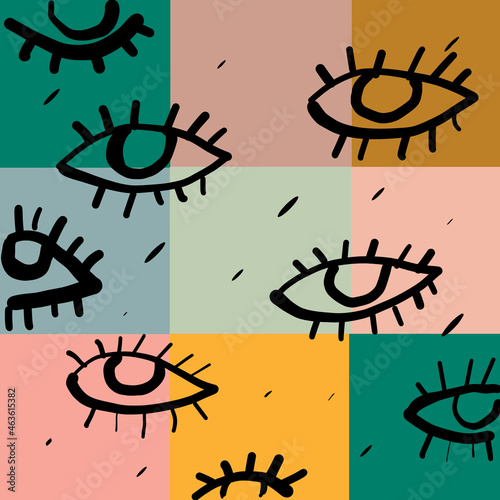 Seamless pattern of hand drawn eyes on white background, bohemian trendy style. Eyes hand drawn ink illustration.