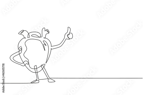 Single one line drawing healthy and fit heart with strong muscles with thumbs up gesture. Health of cardiovascular system. Power and strength of heart organ. Continuous line draw design graphic vector