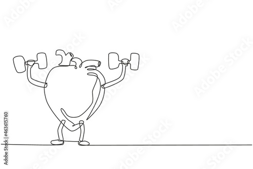 Single one line drawing cute happy healthy smiling heart organ doing exercises with dumbbells weights. Heart face, fitness exercise, sport, lifting concept. Modern continuous line draw design vector