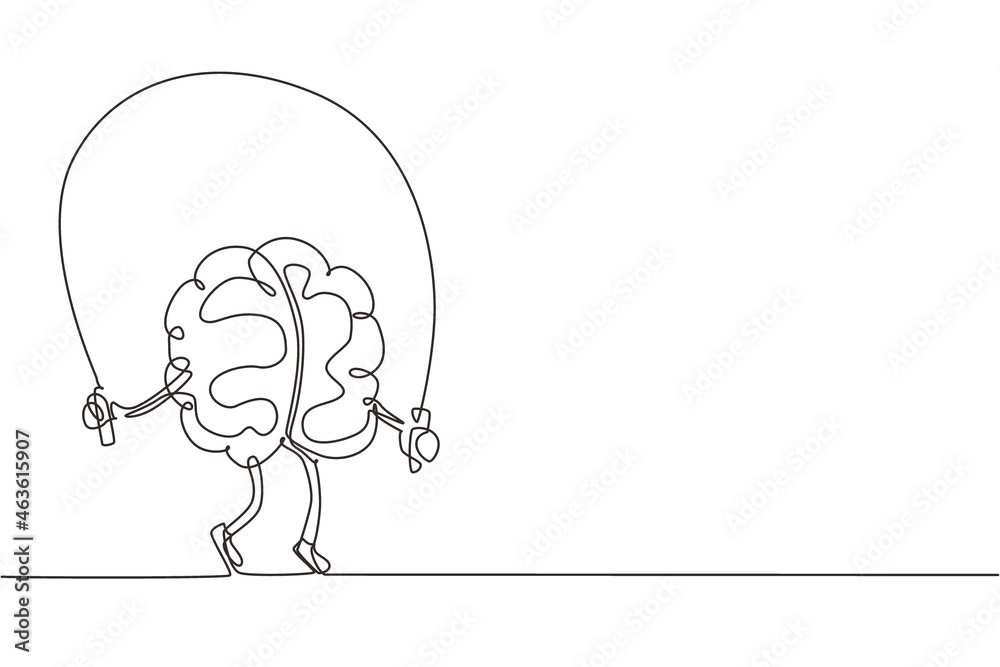 Single continuous line drawing brain training with rope jumping flat design. Creative idea. Fitness brain concept. Doodle style. Character brain for sport, education. One line draw vector illustration Single continuous line drawing brain training with rope jumping flat design. Creative idea. Fitness brain concept. Doodle style. Character brain for sport, education. One line draw vector illustration