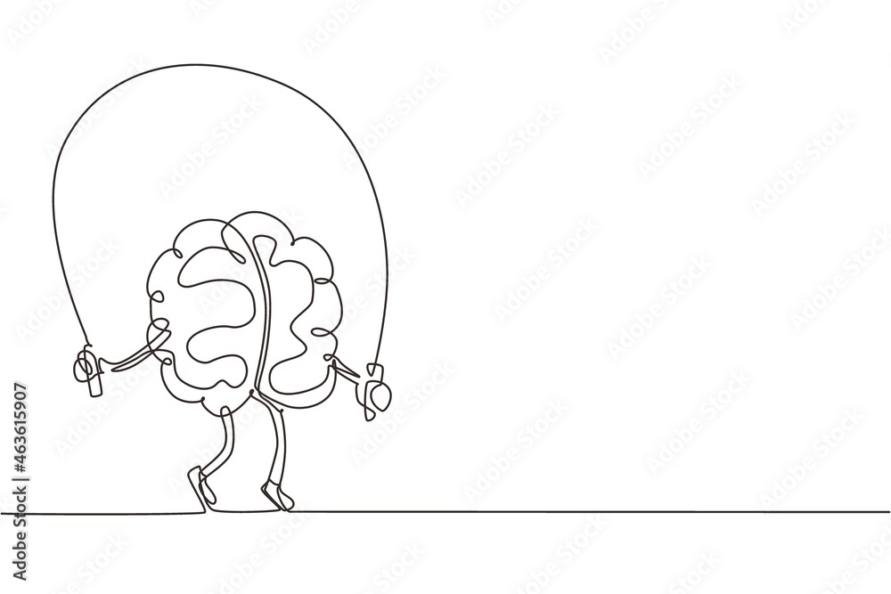 Single continuous line drawing brain training with rope jumping flat design. Creative idea. Fitness brain concept. Doodle style. Character brain for sport, education. One line draw vector illustration