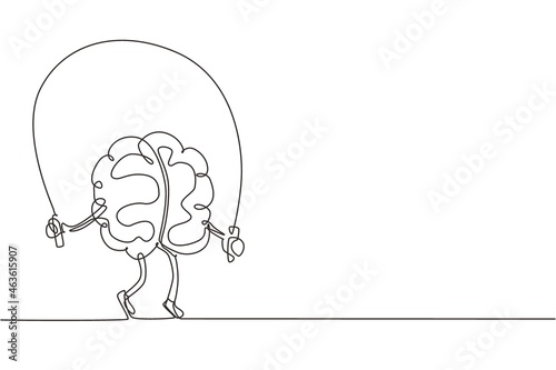 Single continuous line drawing brain training with rope jumping flat design. Creative idea. Fitness brain concept. Doodle style. Character brain for sport, education. One line draw vector illustration