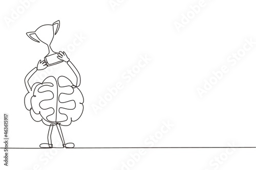Single continuous line drawing brain with cup of the winner is on podium, won first place. Champion cartoon brain concept. Flat style design of education character brain. One line draw graphic vector