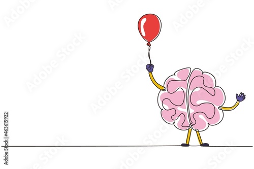 Continuous one line drawing funny brain holding balloon. Celebration party cartoon brain concept. Doodle style. Flat style design of character brain. Single line draw design vector illustration