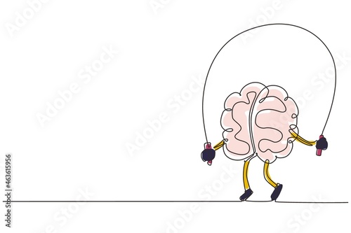 Single continuous line drawing brain training with rope jumping flat design. Creative idea. Fitness brain concept. Doodle style. Character brain for sport, education. One line draw vector illustration