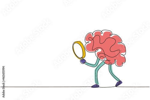 Single one line drawing brain mascot character holding magnifying glass in search of something concept, looking through it with big eye. Modern continuous line draw design graphic vector illustration