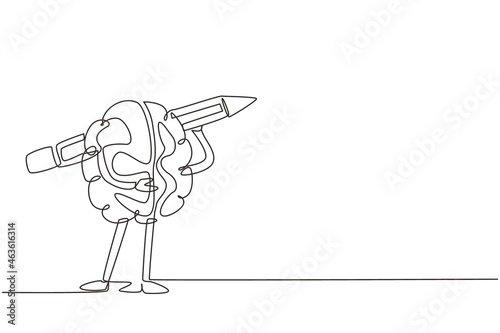 Continuous one line drawing brainy student human brain character with carrying pencil on shoulder. Storytelling logo, writer icon. Training of writing skills concept. Single line draw design vector