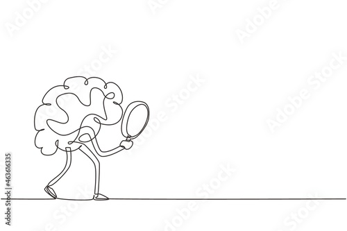 Single one line drawing brain mascot character holding magnifying glass in search of something concept, looking through it with big eye. Modern continuous line draw design graphic vector illustration