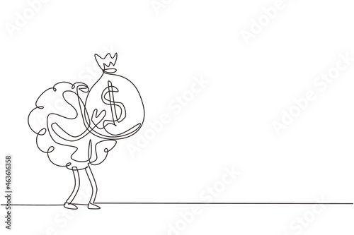 Single continuous line drawing rich human brain cartoon design holds money bags. Cute brain mascot illustration holding bag full of money. Dynamic one line draw graphic design vector illustration