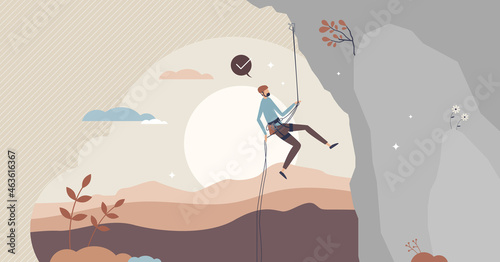 Rock climbing sport activity scene for mountain rope adventures tiny person concept. Professional climber challenge for adrenaline and action vector illustration. Dangerous and risky lifestyle hobby.