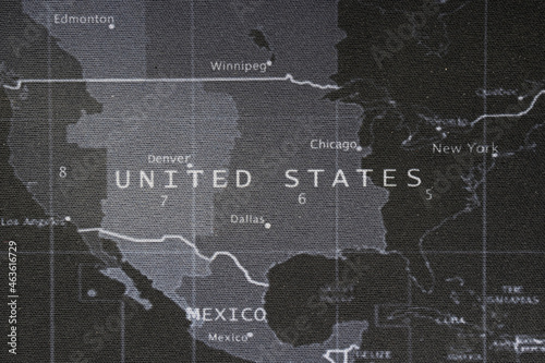black world map focus on USA (United States of America) background. top view. flat lay
