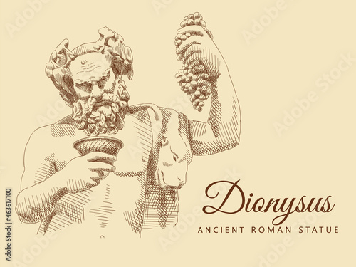 Sketch of the ancient roman statue 'Dionysus'. Bacchus, god of wine and winemaking. Man portrait with a bowl and grapes. Vintage brown and beige card, hand-drawn, vector. Old design. Line graphics. photo