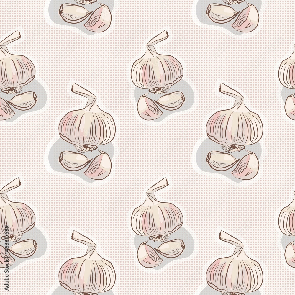 Fototapeta premium Garlic on a polka dot background. Seamless pattern. Hand drawn vector picture.