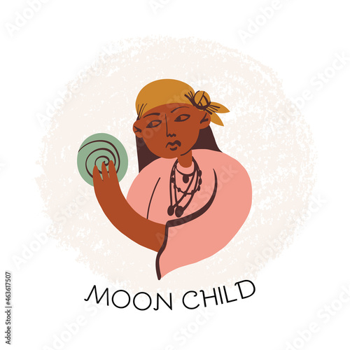 Mystical, esoteric card, banner. Fortune teller peers into the crystal ball, predictor of the future. Moon child text.