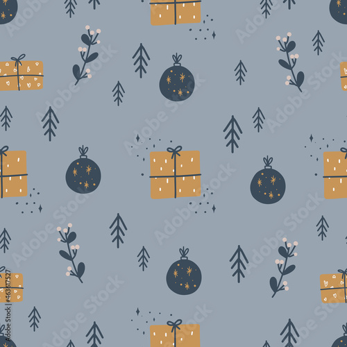 Christmas and Happy New Year seamless pattern with Christmas gift boxes, fir branches and berries. Vector design template.