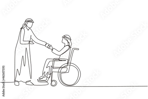 Single continuous line drawing disability employment, work for disabled people. Disable Arabian man sit in wheelchair shaking hand with colleague in office. One line draw design vector illustration