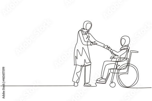 Continuous one line drawing disability employment, work for disabled people. Disable Arabian woman sit in wheelchair shaking hand with colleague in office. Single line draw design vector illustration