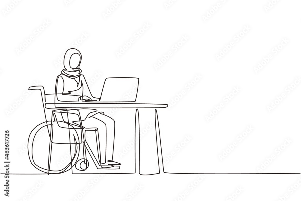 Continuous one line drawing young Arabian woman uses wheelchair, working with computer in office. Online job and startup. Physical disability and society. Single line draw design vector illustration
