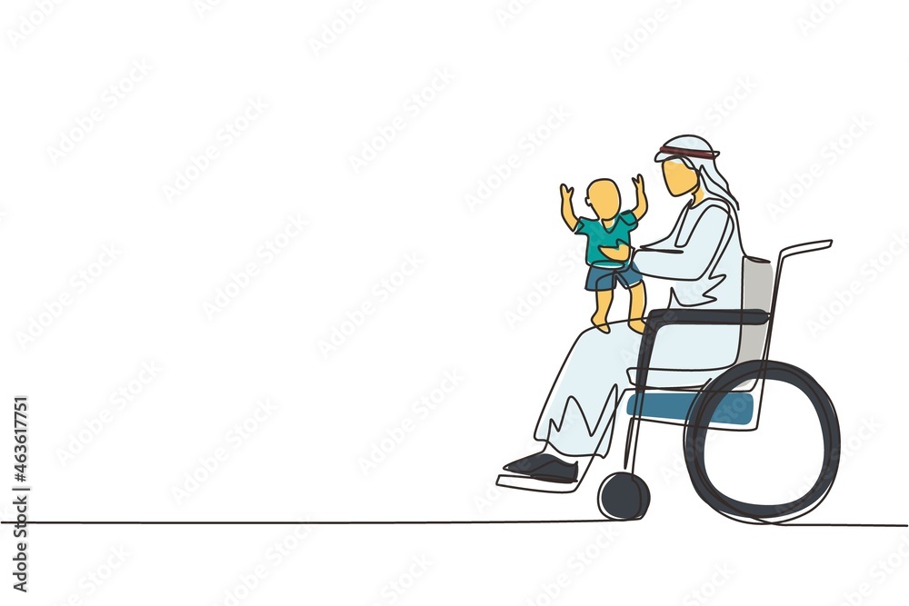 Single one line drawing happy disabled father with his child. Disability Arabian man holding baby in his arms. Family love concept. Physical disability. Continuous line draw design vector illustration
