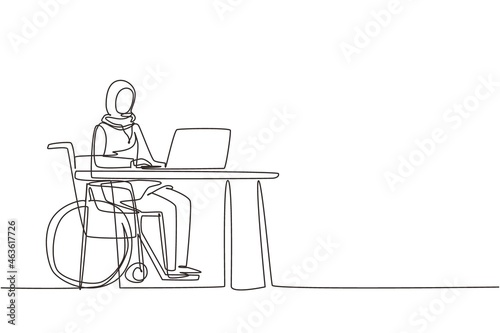Continuous one line drawing young Arabian woman uses wheelchair, working with computer in office. Online job and startup. Physical disability and society. Single line draw design vector illustration