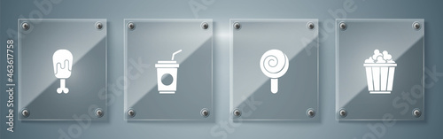 Set Popcorn in box, Lollipop, Paper glass with straw and Chicken leg. Square glass panels. Vector