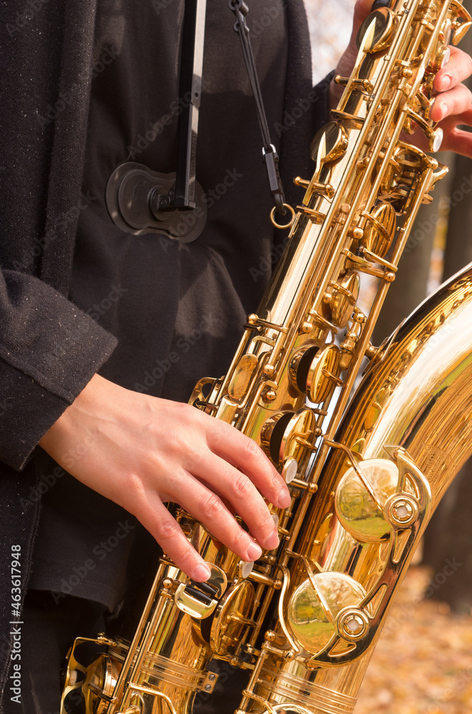 Obraz premium A woman plays the saxophone in an autumn park. Close-up of the golden saxophone