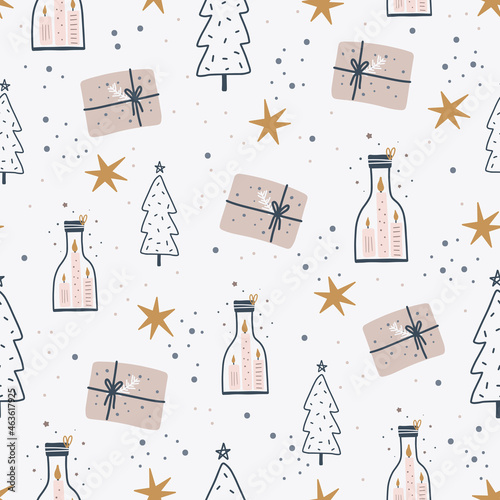 Christmas and Happy New Year seamless pattern with Christmas gift boxes, fir branches and berries. Vector design template.