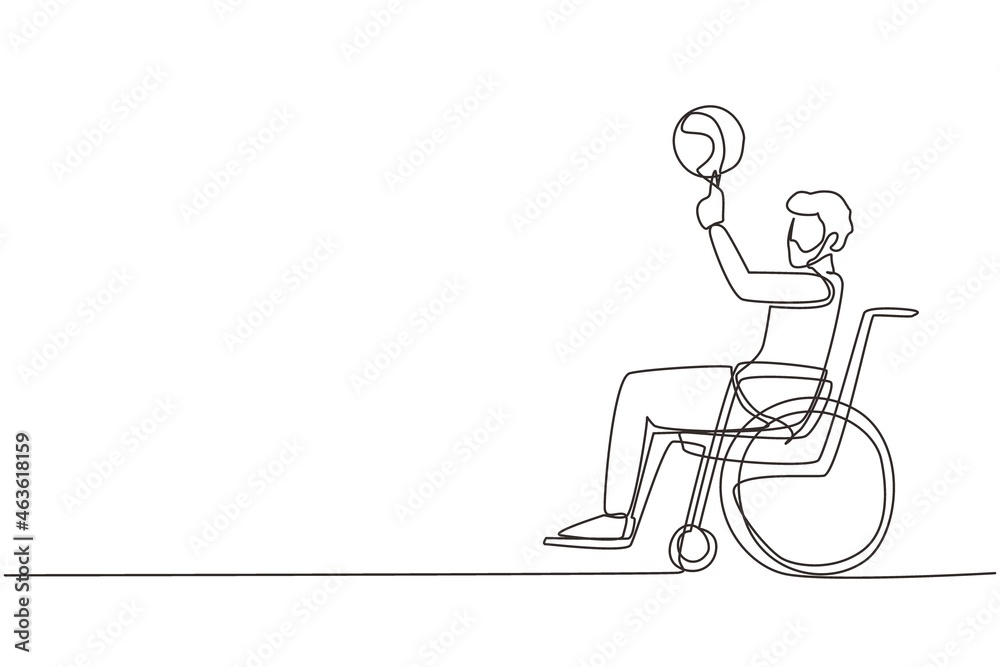 Single continuous line drawing Arab guy in wheelchair plays basketball. Disabled person spins basketball on his finger. Exercise for people with disabilities. One line draw design vector illustration Single continuous line drawing Arab guy in wheelchair plays basketball. Disabled person spins basketball on his finger. Exercise for people with disabilities. One line draw design vector illustration