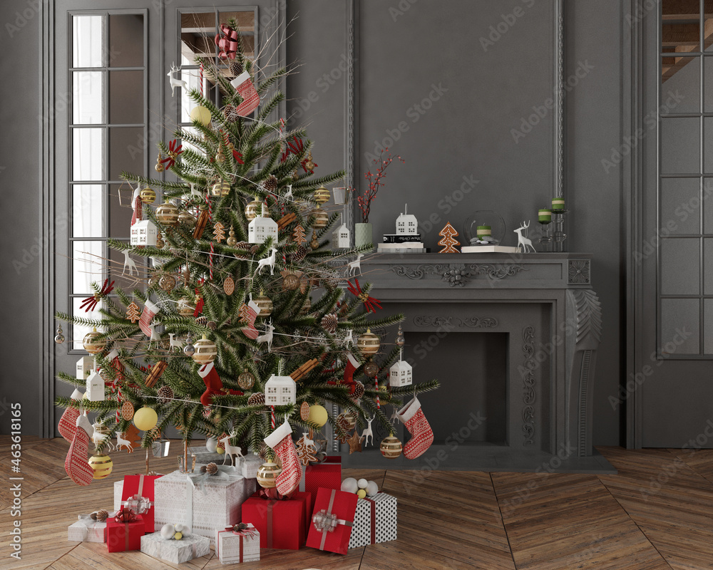 Naklejka premium New year tree in scandinavian style interior with christmas decoration 